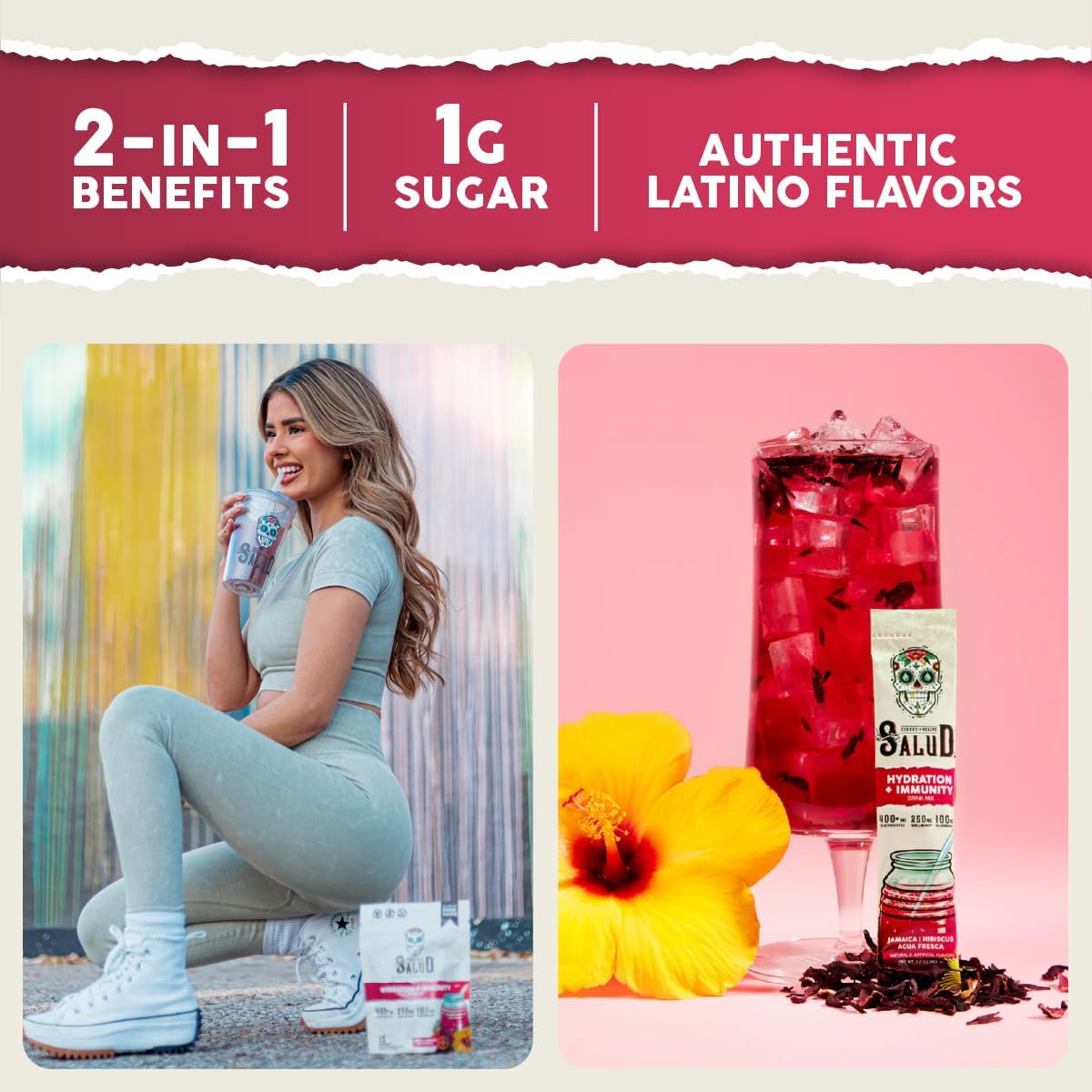 Salud 2-Pack | 2-in-1 Hydration + Immunity (Mango) & Hydration + Immunity (Hibiscus) – 15 Servings Each, Agua Fresca Drink Mix, Non-GMO, Gluten Free, Vegan, Low Calorie, 1g of Sugar