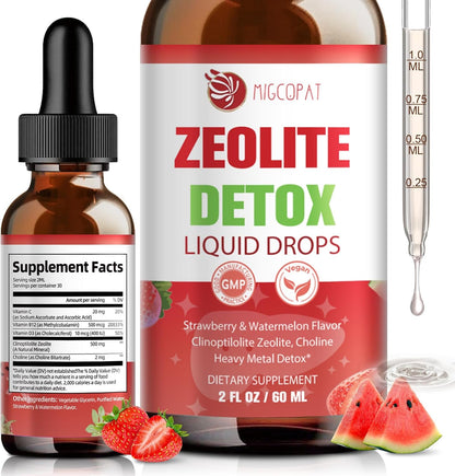 Zeolite Detox Liquid Drops with B12, D3 & Vitamin C – Pure Body Cleanse Support for Heavy Metals, Natural Zeolite Formula, Strawberry Watermelon Flavor, 60ml
