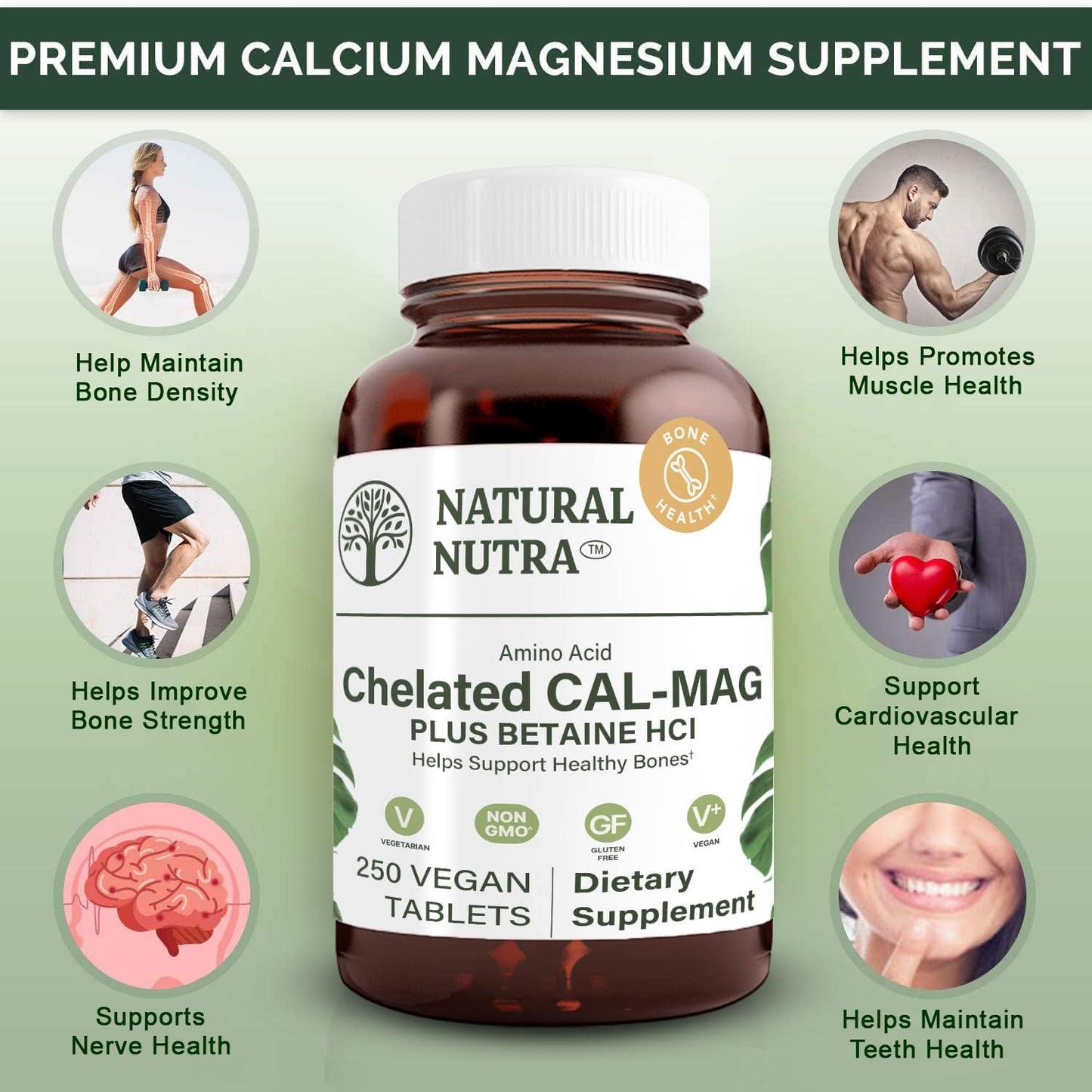 Natural Nutra Chelated Calcium Magnesium 1000/500 mg Supplements Plus Betaine HCL - Chelated Cal Mag Improves Bone Density, Supports Muscle, Teeth, Cardiovascular & Nerve Health, 100 Vegan Tablets