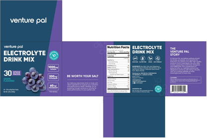 Venture Pal High Sodium Sugar-Free Electrolytes Powder Packets, 16 Sticks | Hydration Packets with Sodium, Potassium & Magnesium, Zero Calories, Keto, Vegan, and Paleo Friendly