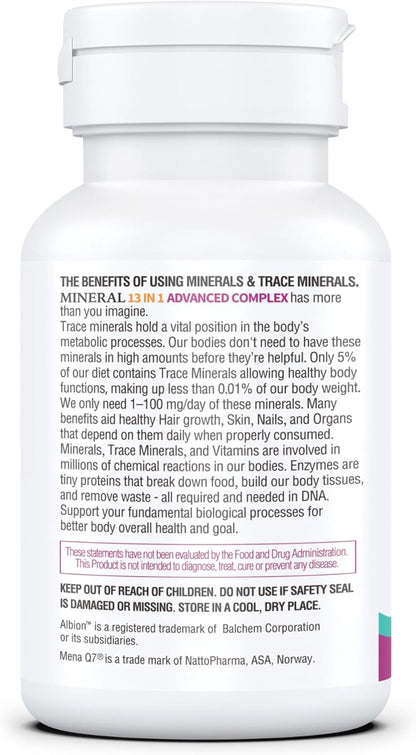 KAPPA NUTRITION Mineral 13 in 1 Advanced Complex with Albion® Chelated Minerals & MenaQ7® MK-7 Vitamin K2 | Calcium, Zinc, Selenium, Chromium, Iodine & Trace Minerals | 90 Vegan Capsules