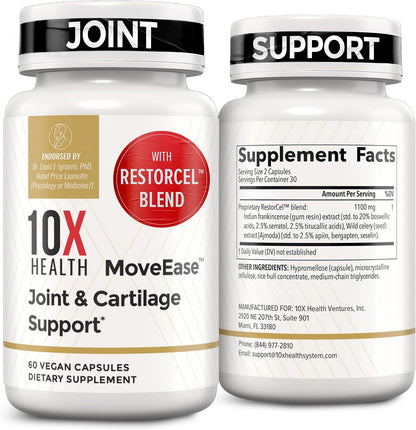 10X Health Joint Support Supplement - 60 Vegan Capsules | Cartilage Support Supplement: RestorCel Blend, Mobility Support for Knees & Hips, Vegan, 60ct
