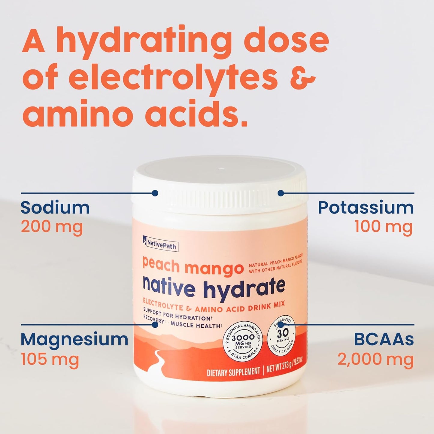 NativePath Hydrate Electrolyte Powder, Peach Mango, 30 Servings | 14 Vitamins & Minerals, 9 Aminos & 2000mg BCAAs, Zero Sugar, Supports Hydration & Recovery, Stevia, Keto