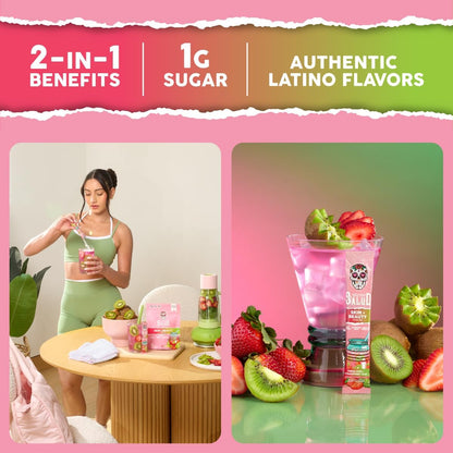 Salud 2-in-1 Skin + Beauty Drink Mix, Strawberry Kiwi | Collagen Peptides with Verisol, Hyaluronic Acid, Vitamin C, Biotin + Lustriva, Hydration Sticks, Gluten Free (15 Servings)