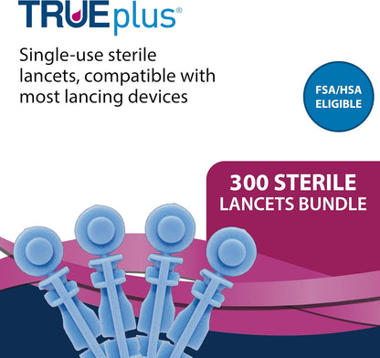 TRUEplus Single-Use Sterile Lancets Bundle, 28G, 300 Pack | Blood Lancets (Sterile, 28G, 4 cm total length) and TRUEplus Log Book, Supplies for Blood Glucose Testing at Home
