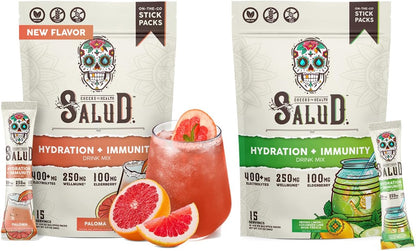 Salud 2-Pack | 2-in-1 Hydration + Immunity (Paloma) & Hydration + Immunity (Cucumber Lime) – 15 Servings Each, Agua Fresca Drink Mix, Non-GMO, Gluten Free, Vegan, Low Calorie, 1g of Sugar