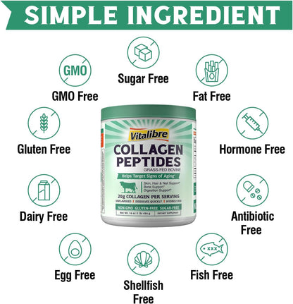 Vitalibre Bovine Collagen Peptides Powder for Women and Men, Grass-Fed Hydrolyzed Collagen Protein Type I & III, Skin, Hair, Nails, Bones, Digestion, Unflavored, Non-GMO, Keto & GF, 22 Servings, 16oz