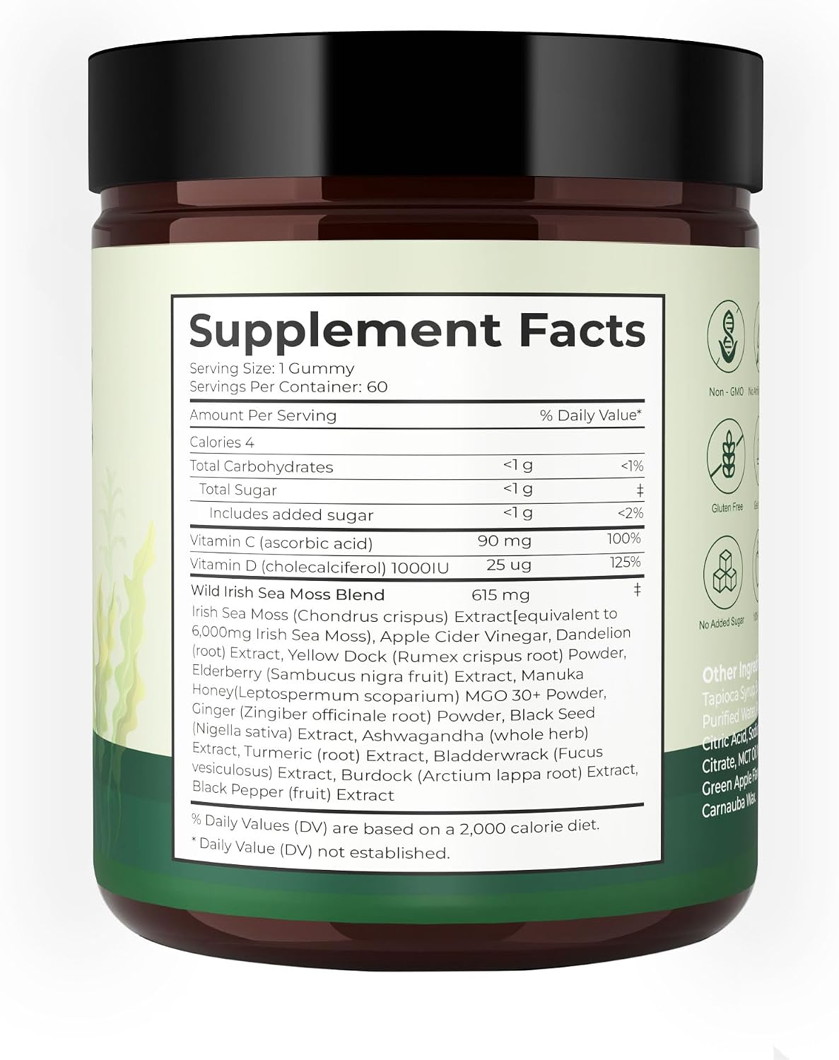 Sea Moss Gummies 16-1, Black Seed Oil Ashwagandha Turmeric Bladder Wrack Vitamin C Vitamin D3 Elderberry Manuka Dandelion Yellow Dock Apple Cider Vinegar for Men & Women