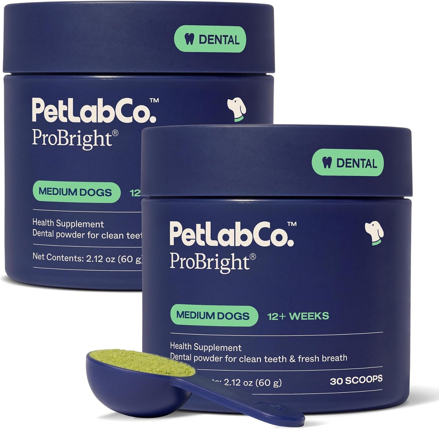 PetLab Co. ProBright Dental Powder - Dog Breath Freshener - Teeth Cleaning Made Easy – Targets Tartar & Bad Breath - Formulated for Medium Size Dogs - Pack of 2