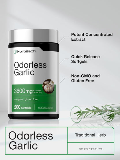 Horbäach Odorless Garlic Softgel Supplement | 200 Pills | Ultra Potent Concentrated Herbal Extract | Non-GMO & Gluten Free