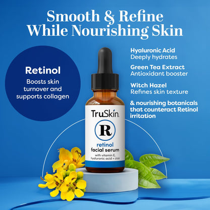 TruSkin Retinol Serum for Face with Hyaluronic Acid & Cica, 1 fl oz | Gentle overnight retinoid serum with Vitamin E helps visibly smooth fine lines, refines skin texture for renewed-looking skin