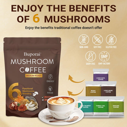 Mushroom Coffee, Instant Mushroom Coffee Organic with 6 Mushrooms Lion’s Mane, Cordyceps, Turkey Tail & Other for Energy, Focus, Digestion, Immunity, 35 Servings