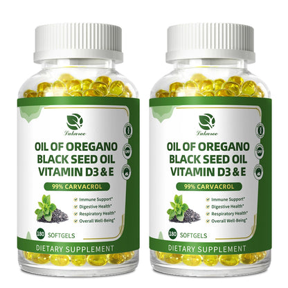 Oregano Oil Softgels with Black Seed Oil, 99% Carvacrol, 180 Ct, 3 Month | 5-in-1 with Vitamin D3 E Black Pepper, Immune, Respiratory, Digestive & Antioxidant*, Ultra-Concentrated, Easy to Swallow