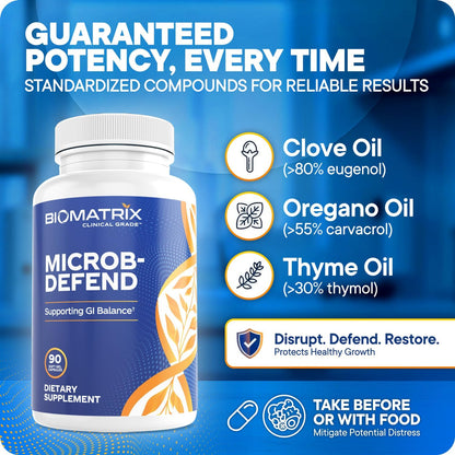 Biofilm Disruptor, GI Repair Digestive Supplement for Men and Women, Oil of Thyme, Oregano & Clove, Gut Microbiome & Intestinal Health Support | Microb-Defend (90 Softgels)