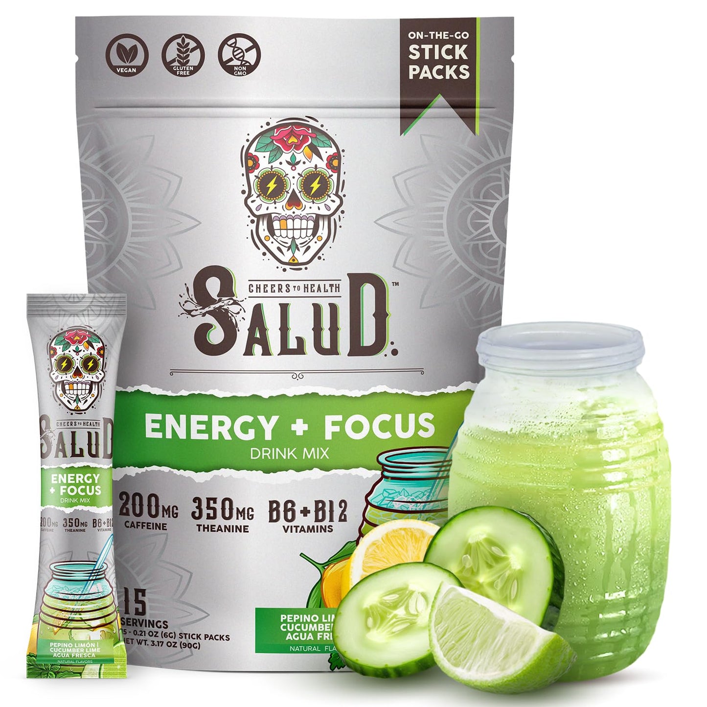 Salud 2-in-1 Energy + Focus Drink Mix, Hibiscus | Organic Caffeine, B6 + B12, Theanine, Clean Energy Packets, Agua Fresca Mix, Non-GMO, Gluten Free, 1g of Sugar (15 Servings)