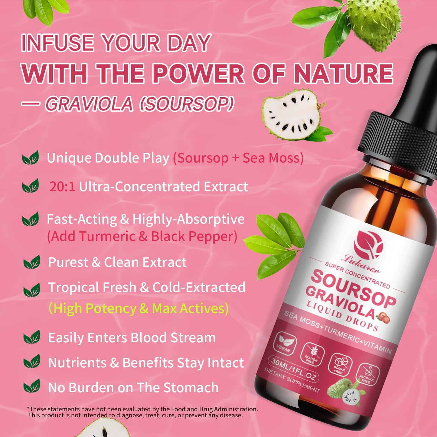 (2 Pack)Whole Soursop Graviola Leaf Extract Liquid Drop with Irish Sea Moss | Herbal Soursop Bitters Liquid for Cell Support & Regeneration, Immunity and Gut Health丨Vegan, Non-GMO, Natural Flavor,1 Fl Oz