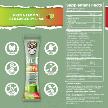 Salud 2-in-1 Greens Powder + Superfood Drink Mix, Strawberry Lime | 20+ Fruits and Veggies, Probiotics, Prebiotics, Supports Digestive Health, Bloating Relief, Vegan (15 Servings)