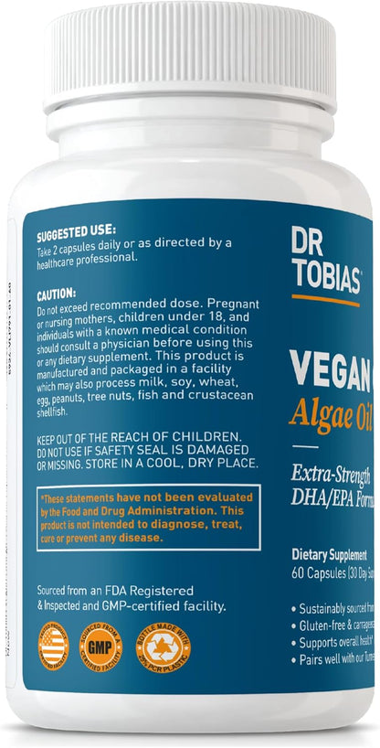 Dr. Tobias Vegan Omega 3 Algae Oil 60 Capsules | Extra-Strength DHA EPA | Plant-Based Omega 3 Supplement | Heart & Brain Support | 420 mg DHA + 210 mg EPA | Lemon Flavor | 30 Servings