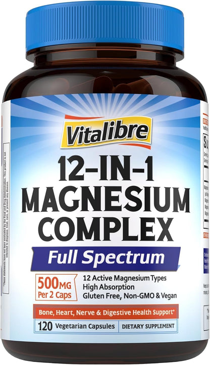 Vitalibre 12 in 1 Magnesium Complex 500mg for Women Men, 120 Vegan Capsules | Max Absorption Chelated Magnesium Glycinate Citrate Malate & More for Bone, Nerve & Digestive Support | Non-GMO