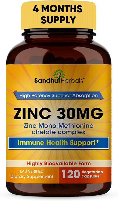 Sandhu Herbals Zinc 30 mg and Organic Turmeric Curcumin with Bioperine Black Pepper Extract | Supports Healthy Skin, Immune System, Joint & Healthy Inflammatory Support | Non-GMO, Made in USA
