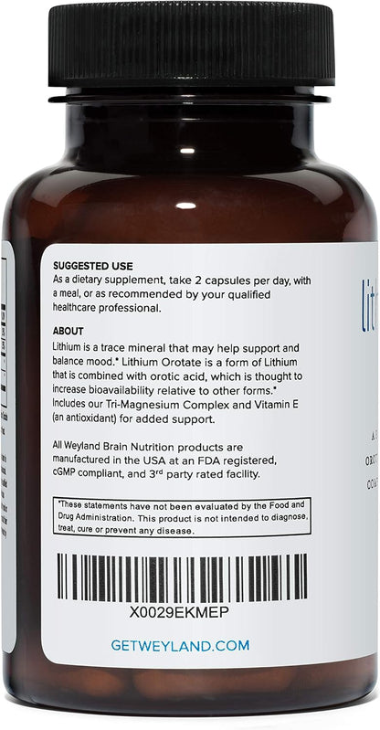 Lithium Orotate 5mg + Tri-Magnesium Threonate, Taurinate, Malate + Glycine + Vitamin E, 60 Vegetarian Capsules
