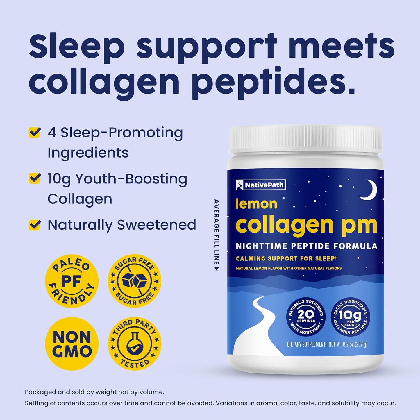 NativePath Collagen PM Lemon with Melatonin, 20 Servings | 10g Grass-Fed Peptides, Magnesium, GABA & L-Theanine, Supports Restful Sleep, Skin & Hair, No Added Sugar