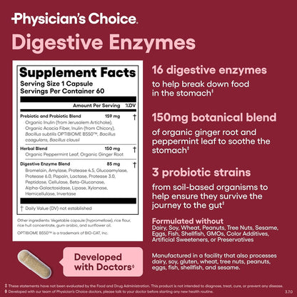 Physician's CHOICE Digestive Enzymes for Bloating & Digestion - Fast-Acting 16 Enzyme Formula with Organic Prebiotics & Probiotics for Gut & Digestive Health - Meal Time Discomfort Relief - 60 CT