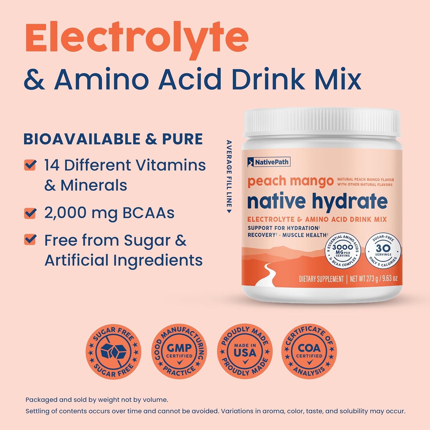 NativePath Hydrate Duo Jars - Peach Mango & Tangerine Electrolyte Drink Mix with BCAA for Hydration