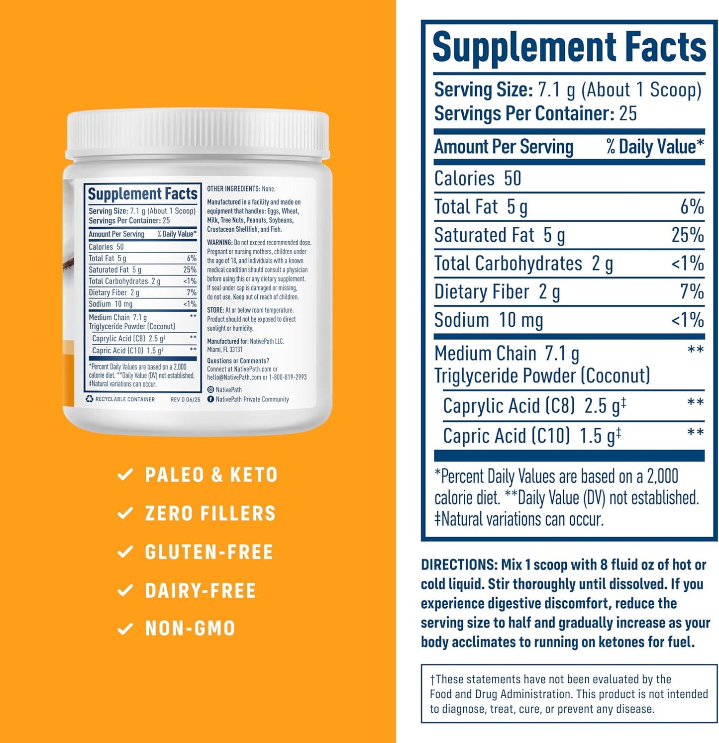 NativePath MCT Oil Powder, Keto C8 & C10, Unflavored, 25 Servings | From Coconut, Supports Clean Energy & Ketones, Coffee & Smoothies, Dairy-Free, Prebiotic Acacia Fiber
