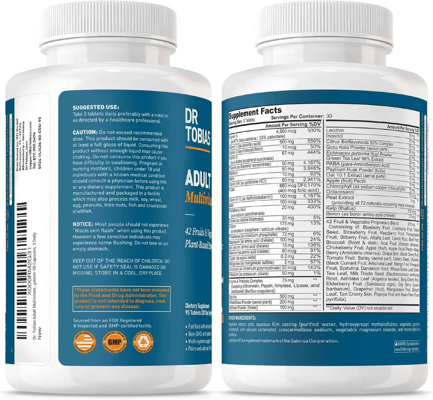 Dr. Tobias Adult Multivitamin for Women & Men 90 Count | Daily Energy & Immune Support | Vitamin Supplement with 42 Fruits & Vegetables + Probiotic + Enzymes | Vegan | 30 Servings