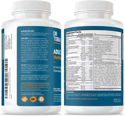 Dr. Tobias Adult Multivitamin for Women & Men 90 Count | Daily Energy & Immune Support | Vitamin Supplement with 42 Fruits & Vegetables + Probiotic + Enzymes | Vegan | 30 Servings