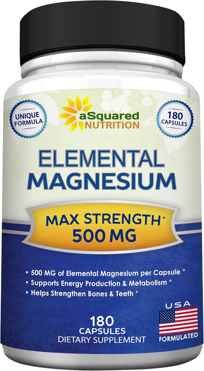 aSquared Nutrition Proprietary Magnesium 500mg – High Absorption Magnesium Citrate & Oxide – 180 Veggie Capsules, 180 Day Supply – USA Formulated & Third-Party Tested
