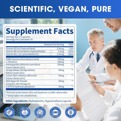 GABA Supplements 750mg with L-Theanine & Ashwagandha for Calm & Sleep 2Pack | 10 in 1 Calm Capsules with 5HTP, Lemon Balm, Ginkgo Biloba, Omega-3 for Relaxation, Focus, Mood Support, Cortisol Balance