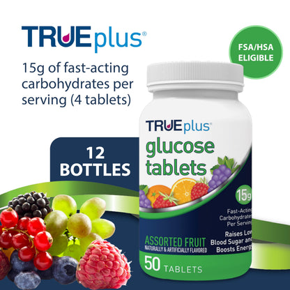TRUEplus Glucose Tablets, Grape, Raspberry, Orange Flavors, 50 Count | Chewable Tablets, 15g Fast-Acting Carbohydrates, Fat Free, Gluten Free, Boosts Energy, Great Tasting and Easy to Use