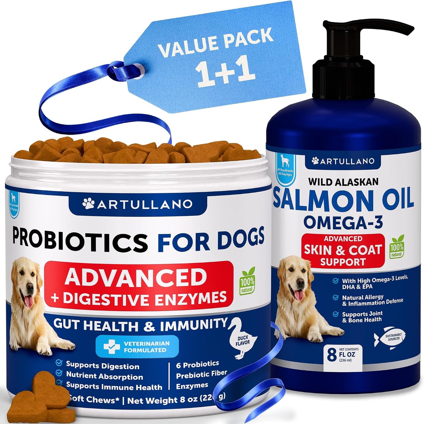 Probiotics + Salmon Oil for Dogs Bundle - Dog Probiotics and Digestive Enzymes with Prebiotics for Gut Health, Itchy Skin, Allergies, Immunity, Yeast Balance - Wild Alaskan Salmon Oil for Dogs Skin an