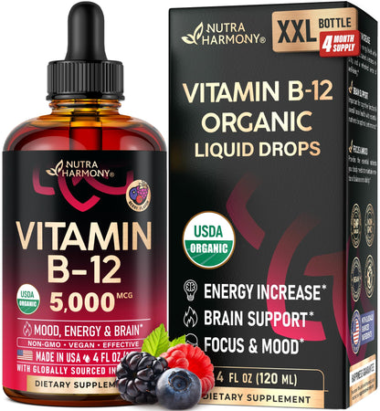 USDA Organic Vitamin B12 Sublingual Drops - 5000 mcg Liquid Vegan Methylcobalamin for Women & Men - Energy Boost, Focus & Mood, Brain Health Support - Maximize Absorption - 2 Month Supply, 2 fl oz