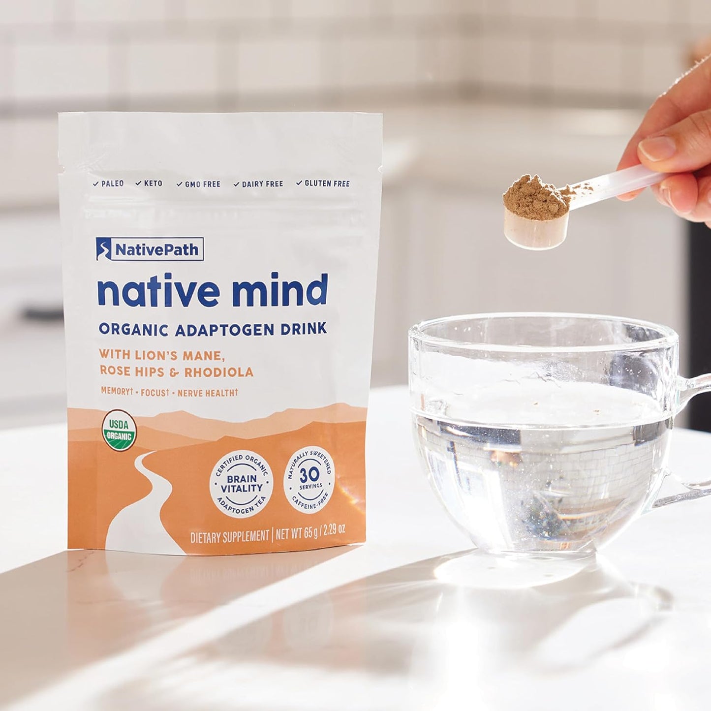 NativePath Native Mind Organic Adaptogen Herbal Support Blend - Organic Mushroom Drink Powder with Lion's Mane, Rhodiola & Rose Hips - 30 Servings | Rhodiola & Rose Hips In Peppermint, Supports Focus, Calm & Immune Health, Caffeine-Free, Organic, Keto