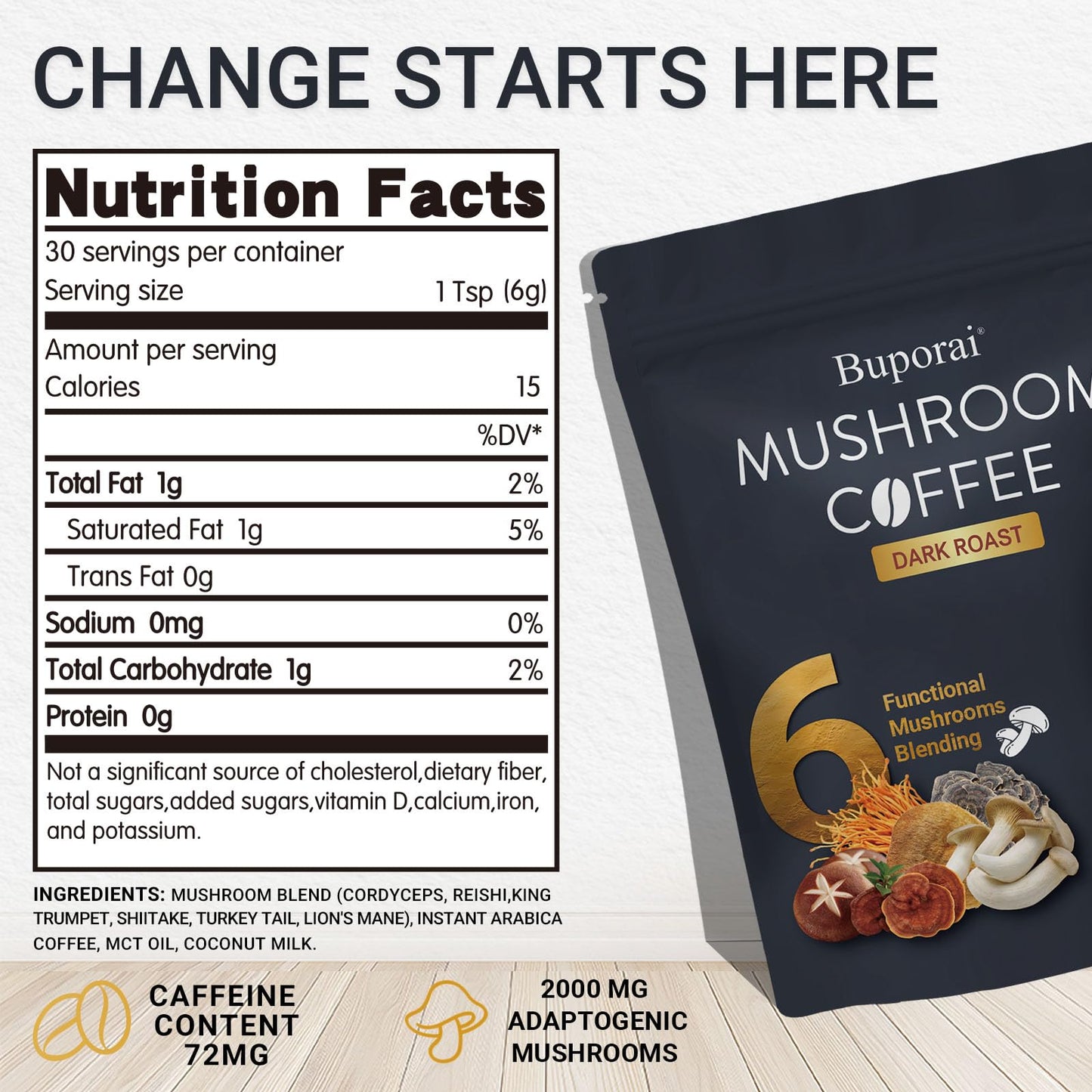 Mushroom Coffee, Instant Mushroom Coffee Organic with 6 Mushrooms Lion’s Mane, Cordyceps, Turkey Tail & Other for Energy, Focus, Digestion, Immunity, 35 Servings