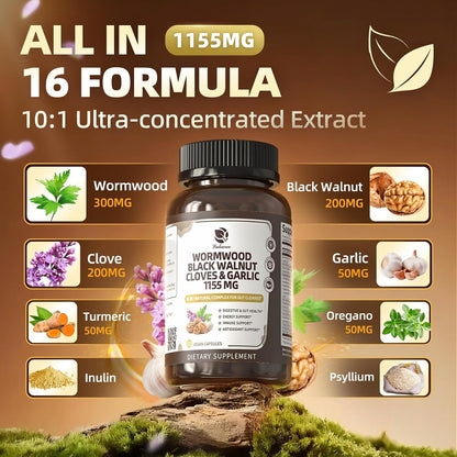16-in-1 Wormwood Black Walnut Clove Cleanse - Gentle Gut Health | with Pumpkin Seeds Garlic Oregano Turmeric - Natural Digestive & Intestinal Health - Liposomal Tech 98% Absorption 1150mg