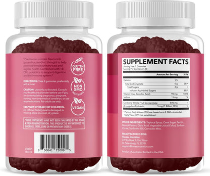 Cranberry Probiotic Gummies, Cran-Raspberry, 60ct, Bladder Support | Probiotic Cranberry Gummies for Women, Urinary Tract Health & pH Balance, 1 Billion CFU of Lactobacillus, Vaginal Wellness