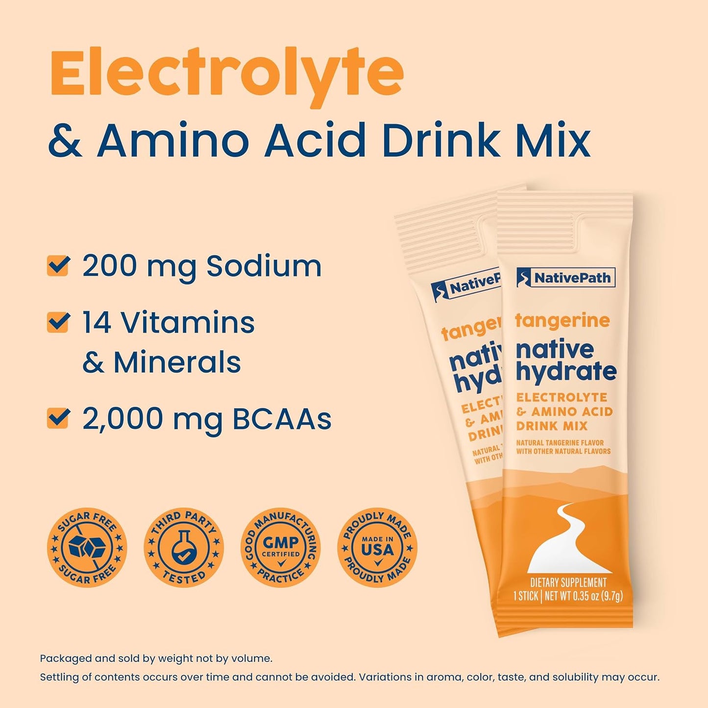 NativePath Hydrate Electrolyte Stick Packs, Tangerine, 30 Count | Single-Serve Sticks, 14 Vitamins & Minerals, 9 Aminos & 2000mg BCAAs, Zero Sugar, Hydration, Keto