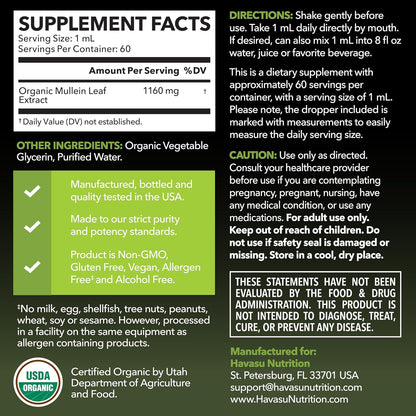 Mullein Drops for Lungs, USDA Organic Mullein Leaf Extract, 2 Fl Oz | Respiratory Health and Lung Support Supplement, 2 Fl Oz, Vegan, Non-GMO, and Alcohol Free, Herbal Tincture, 60 Servings