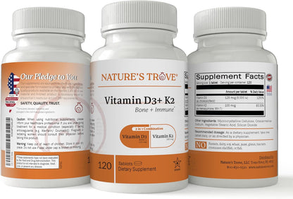 Nature's Trove Vitamin D3 5000 IU Plus K2 100mcg for Bone Health & Immune Support - 120 Tablets - 2-in-1 Formula