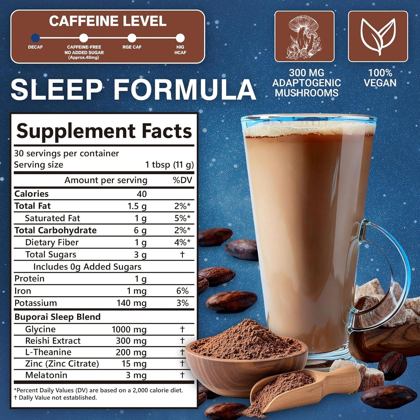 Mushroom Hot Cocoa with Melatonin, Reishi | L-Theanine, Cocoa Powder Hot Chocolate Nighttime Drink Mix for Sleep & Relax - 30 Servings