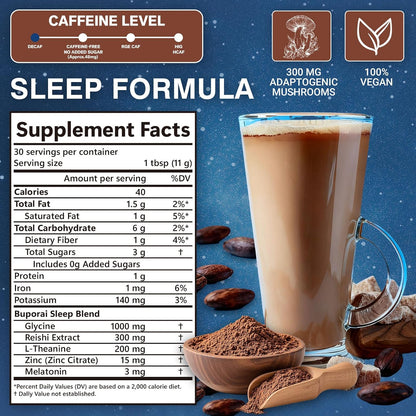 Mushroom Hot Cocoa with Melatonin, Reishi | L-Theanine, Cocoa Powder Hot Chocolate Nighttime Drink Mix for Sleep & Relax - 30 Servings