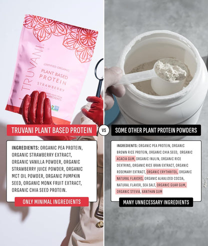 Truvani Organic Plant Based Protein Powder | Strawberry | 10 Servings | Vegan | 20g Pea Protein | Single Serving Travel Packets | Keto | Gluten & Dairy Free | Low Carb