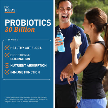 Dr. Tobias Probiotics 30 Billion CFU 30 Capsules | Gut Health Support | Daily Digestive Support | 10 Probiotic Strains | Targeted Release Probiotics for Women & Men | Shelf Stable | 30 Servings