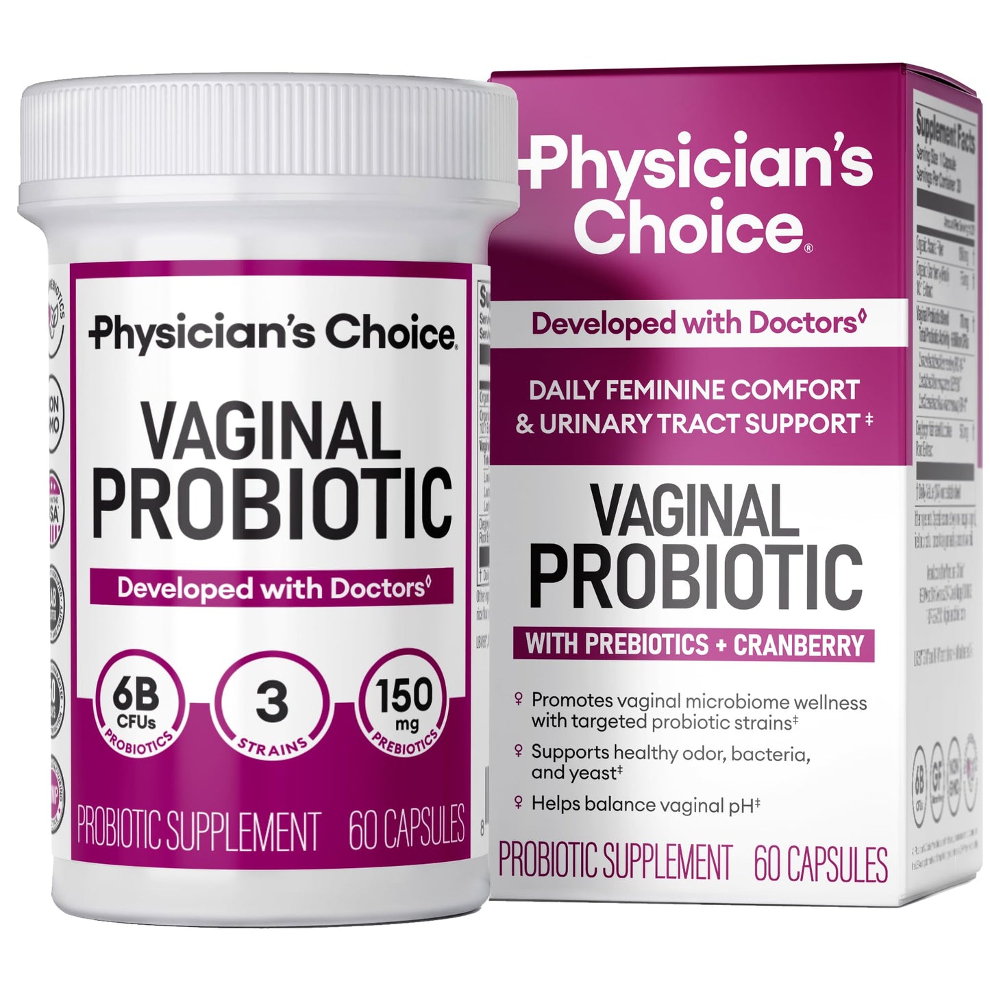 Physician's CHOICE Vaginal Probiotics for Women, pH Balance & Odor, 30ct | Supports Odor Control, Vaginal Flora, Yeast Balance & Feminine Health, 6B CFU, Organic Prebiotics, Cranberry Extract