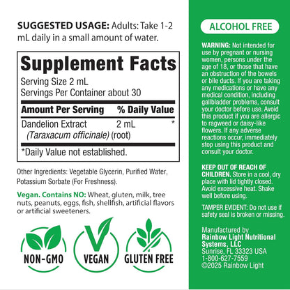 Rainbow Light Dandelion Root Extract Supplement | 2 Fl Oz | Super Concentrated | Alcohol Free | Non-GMO and Gluten Free
