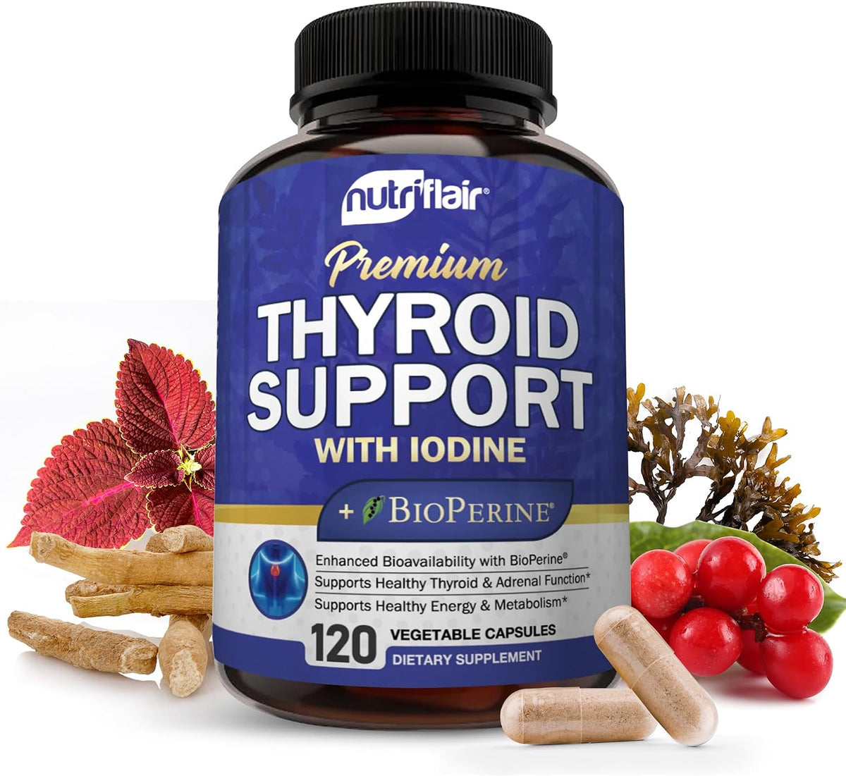 NutriFlair Thyroid Support Complex, 120 Capsules - with Iodine, Black Pepper, Ashwagandha, Vitamin B12 - Thyroid Supplement for Women and Men